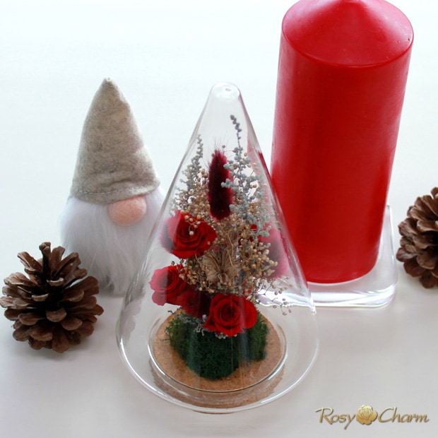 クリスタルミラー台付★大人ツリー★プリザーブドアーティフィシャル薔薇のクリスマス プリザーブドフラワー ガラスドーム ツリー【クリスマス ver.】赤い